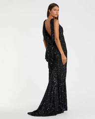 Navy Cowl Back Boat Neck Sequined Evening Gown