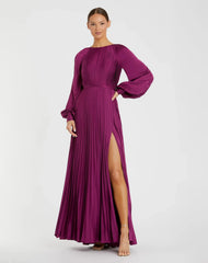 Purple Pleated High Neck Long Sleeve Gown with Slit