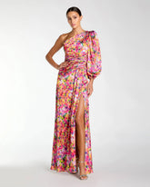 Multicolor One Sleeve Floral Print Charmeuse Gown With Slit