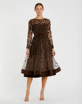 Brown Velvet Embellished Illusion Long Sleeve A-Line Midi Dress