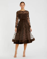 Brown Velvet Embellished Illusion Long Sleeve A-Line Midi Dress