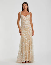 Beige Floral Embroidered Tulle Trumpet Gown - FINAL SALE