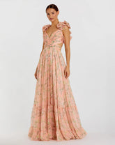 Pink Ruffle Tiered Floral Cut-Out Chiffon Gown