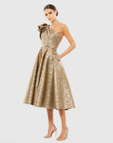 Gold One Shoulder Bow Midi Dress With Pockets