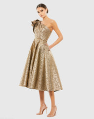Gold One Shoulder Bow Midi Dress With Pockets