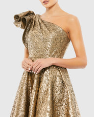 Gold One Shoulder Bow Midi Dress With Pockets