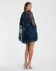 Navy Embellished Long Sleeve Trapeze Dress with Ruffle Hem