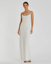 White Beaded Spaghetti Strap Column Gown