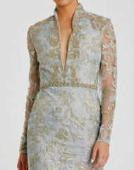 Blue Queen Anne Lace Long Sleeve V-Neck Trumpet Gown