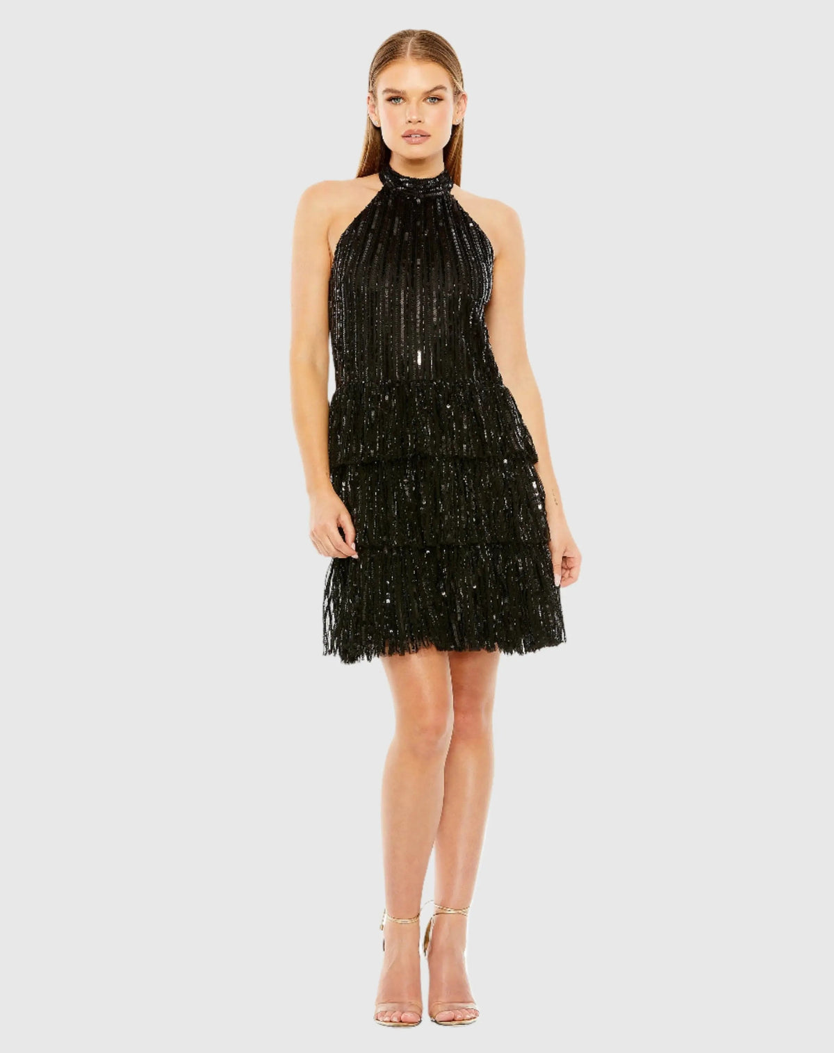 Black High Neck A-Line Ruffle Sequin Mini Dress - FINAL SALE
