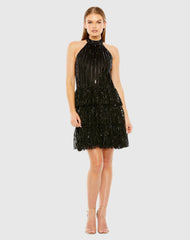 Black High Neck A-Line Ruffle Sequin Mini Dress - FINAL SALE