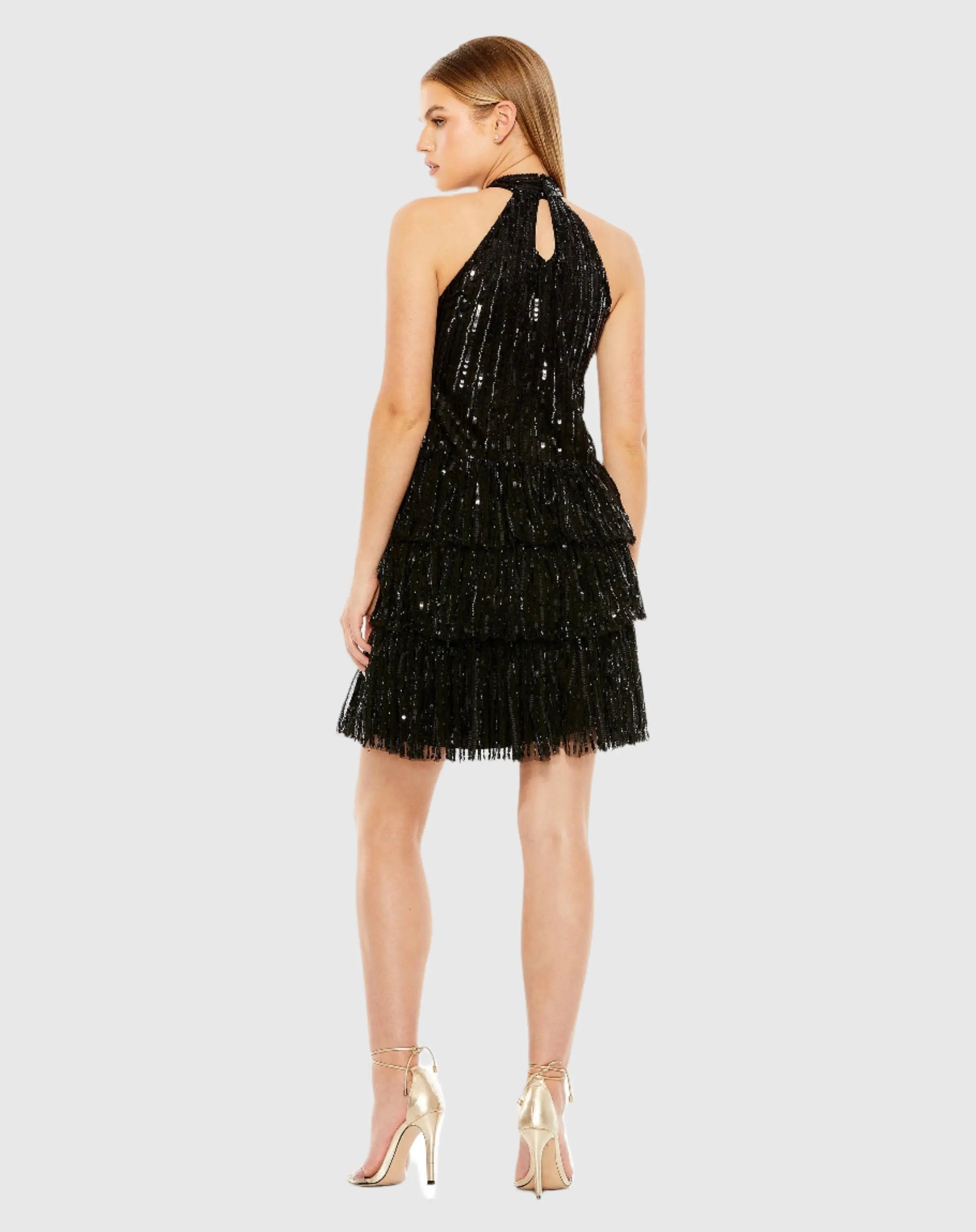 Black High Neck A-Line Ruffle Sequin Mini Dress - FINAL SALE