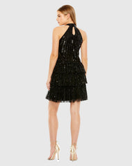 Black High Neck A-Line Ruffle Sequin Mini Dress - FINAL SALE