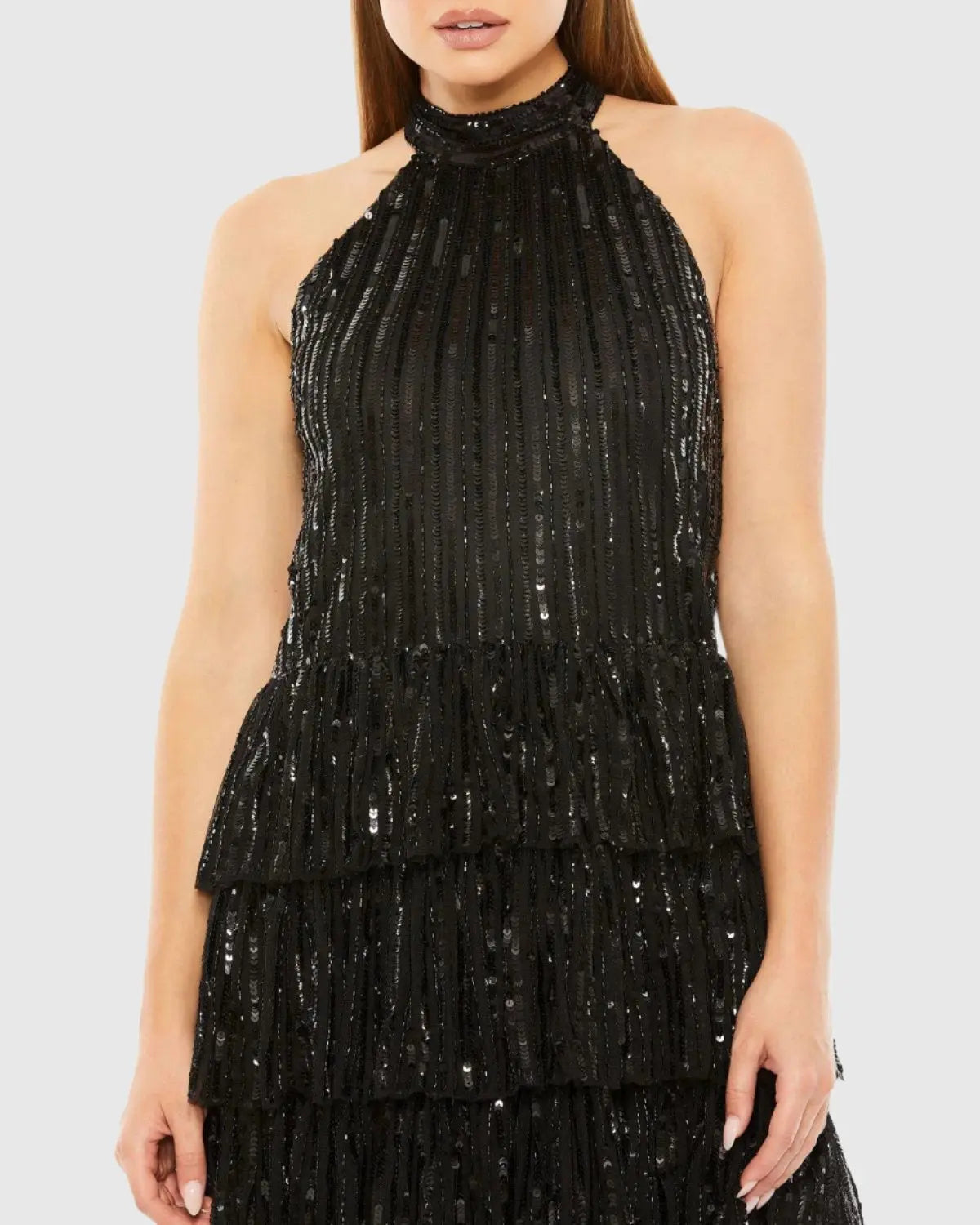 Black High Neck A-Line Ruffle Sequin Mini Dress - FINAL SALE