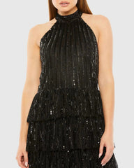 Black High Neck A-Line Ruffle Sequin Mini Dress - FINAL SALE