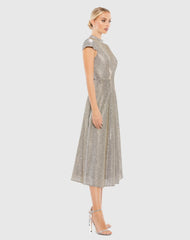 Silver Metallic Cap Sleeve Tea-Length Dress