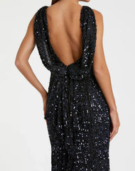 Navy Cowl Back Boat Neck Sequined Evening Gown