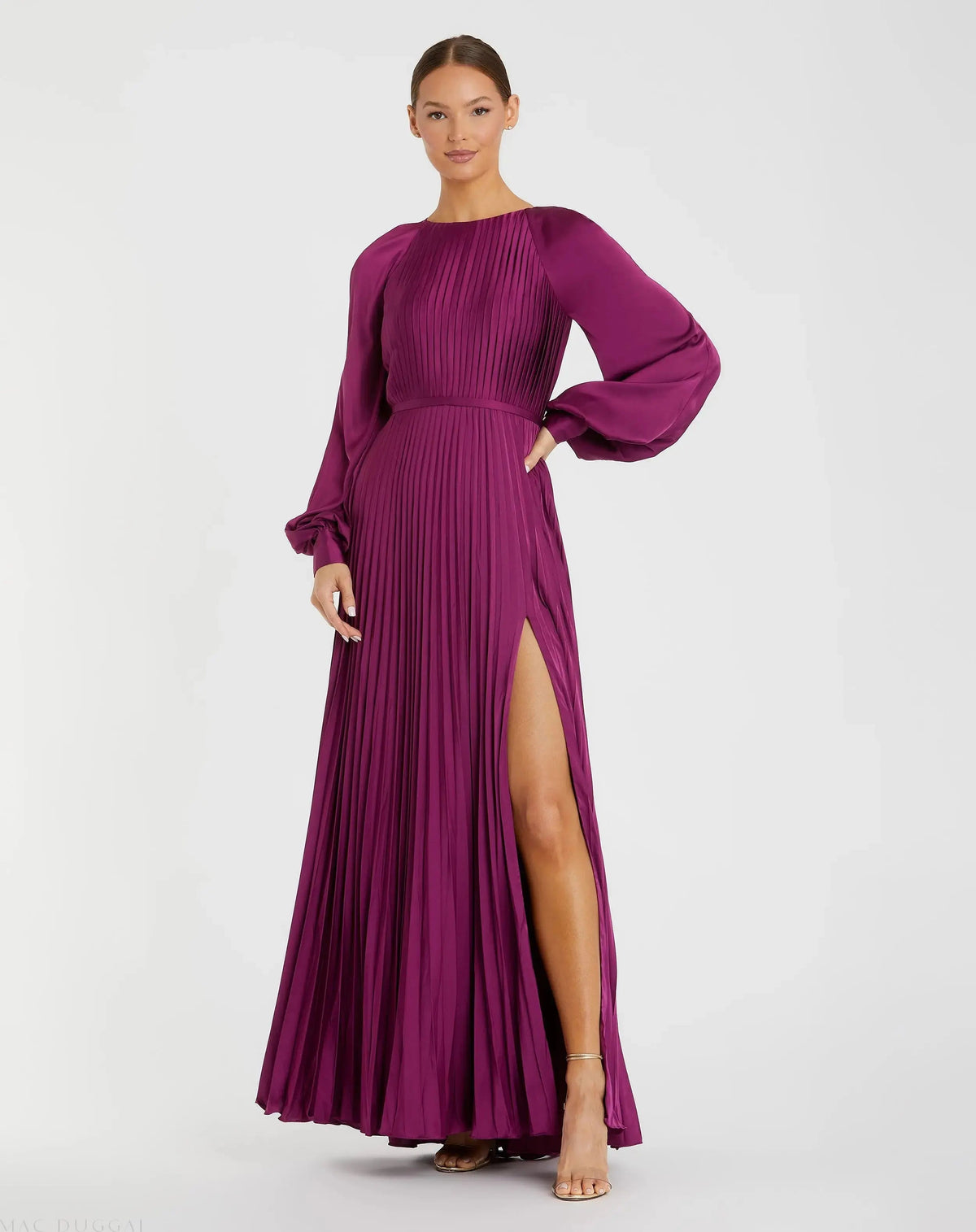 Purple Pleated High Neck Long Sleeve Gown with Slit