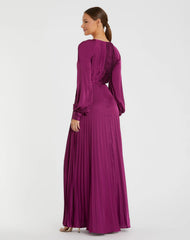 Purple Pleated High Neck Long Sleeve Gown with Slit
