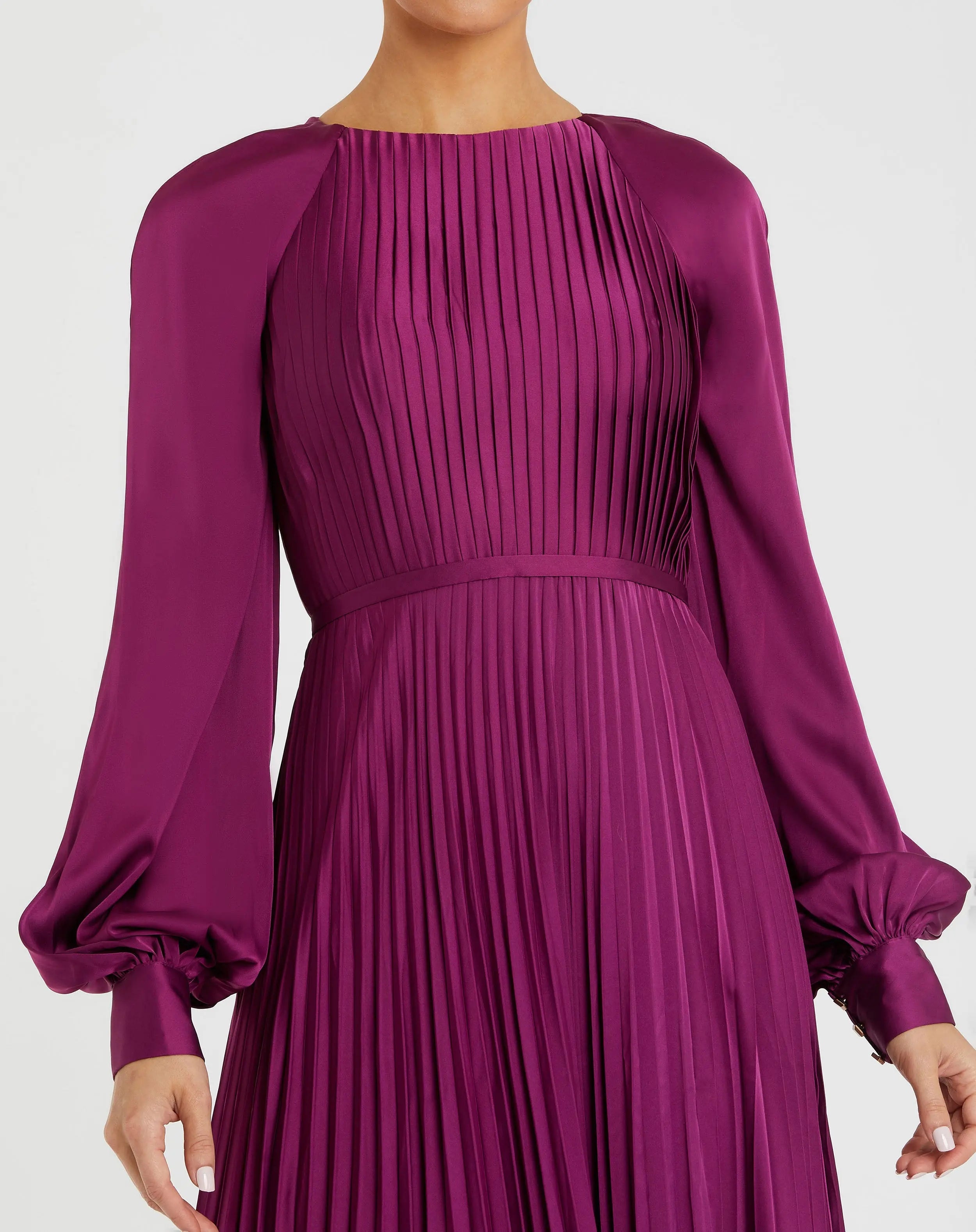Purple Pleated High Neck Long Sleeve Gown with Slit