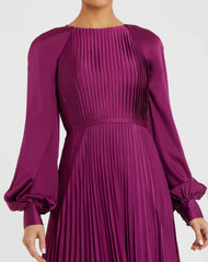 Purple Pleated High Neck Long Sleeve Gown with Slit