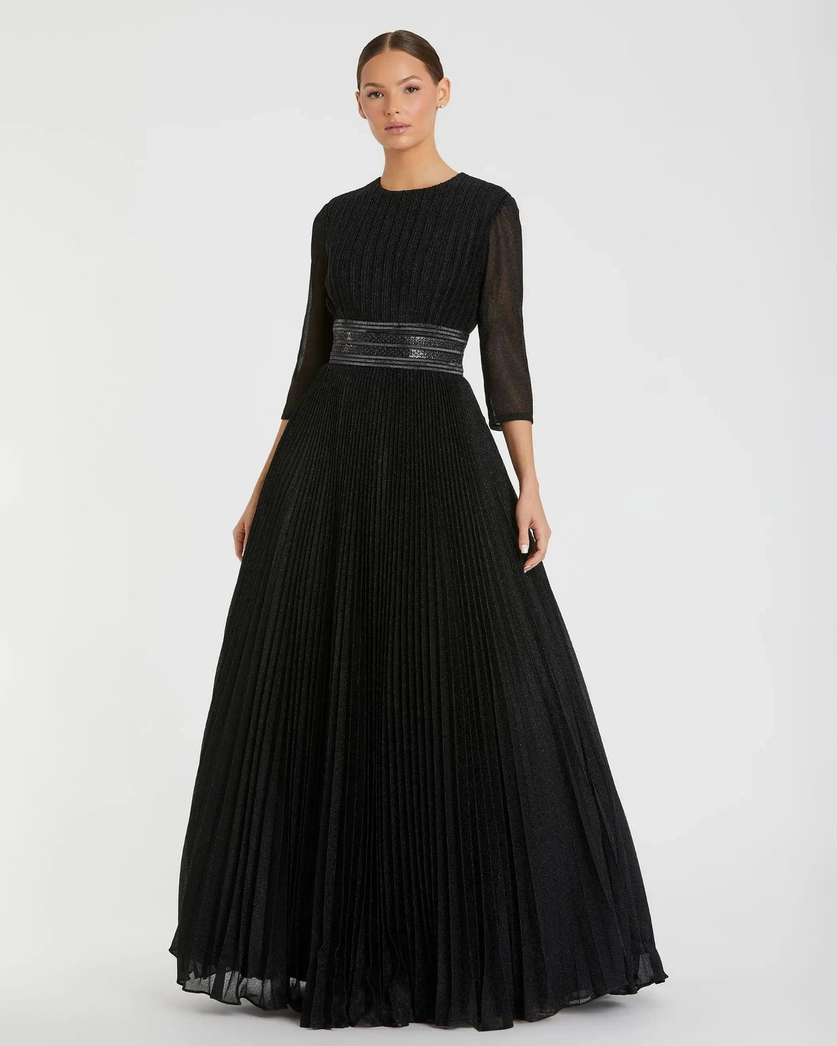 Black  Shimmering Pleated  3/4 Sleeve Ball Gown