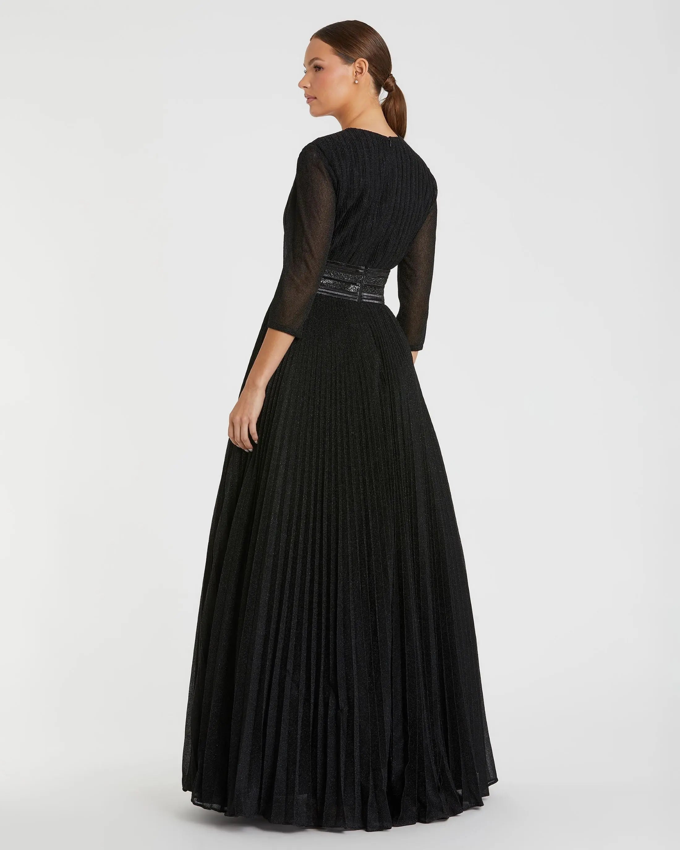 Black  Shimmering Pleated  3/4 Sleeve Ball Gown