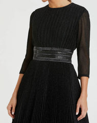 Black  Shimmering Pleated  3/4 Sleeve Ball Gown