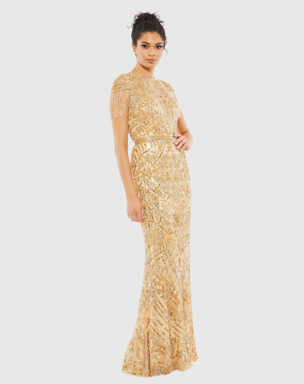 Gold Embellished Fringe Cap Sleeve Trumpet Gown