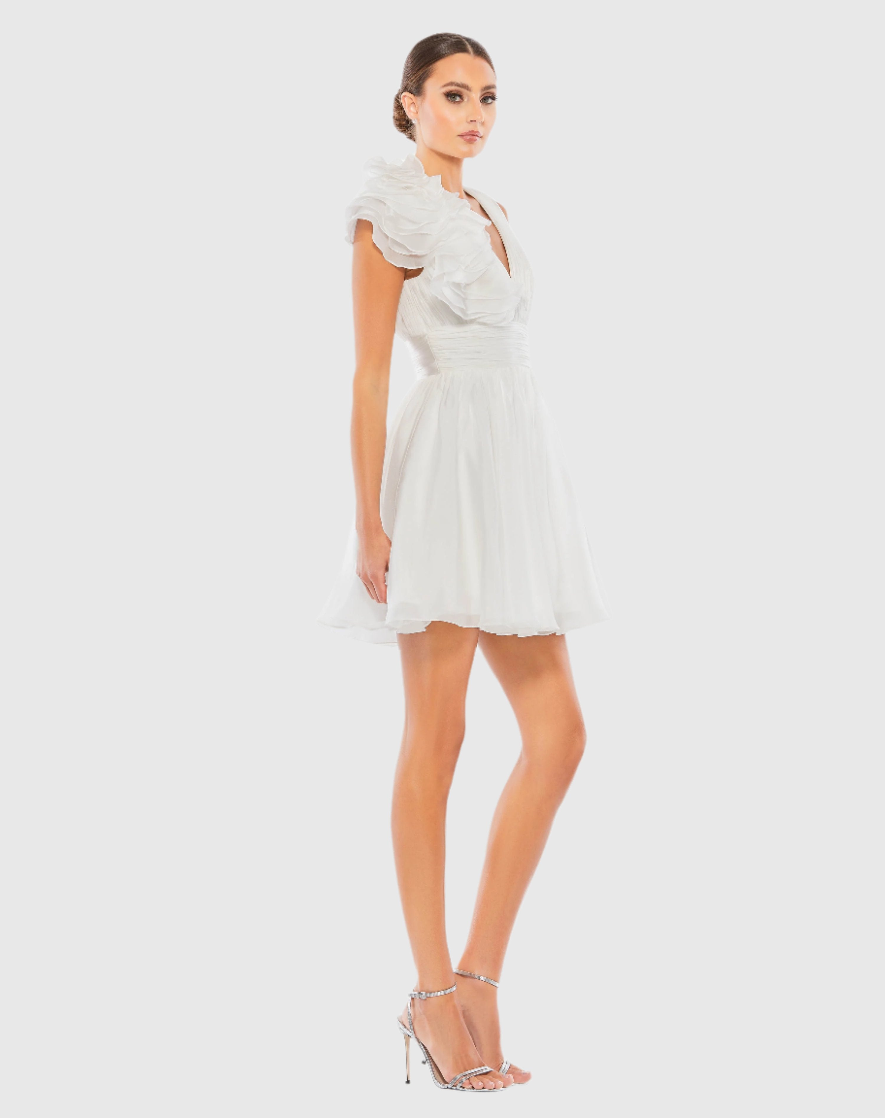 White Ruffle V Neck Fit & Flare Mini Dress