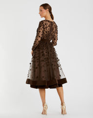 Brown Velvet Embellished Illusion Long Sleeve A-Line Midi Dress