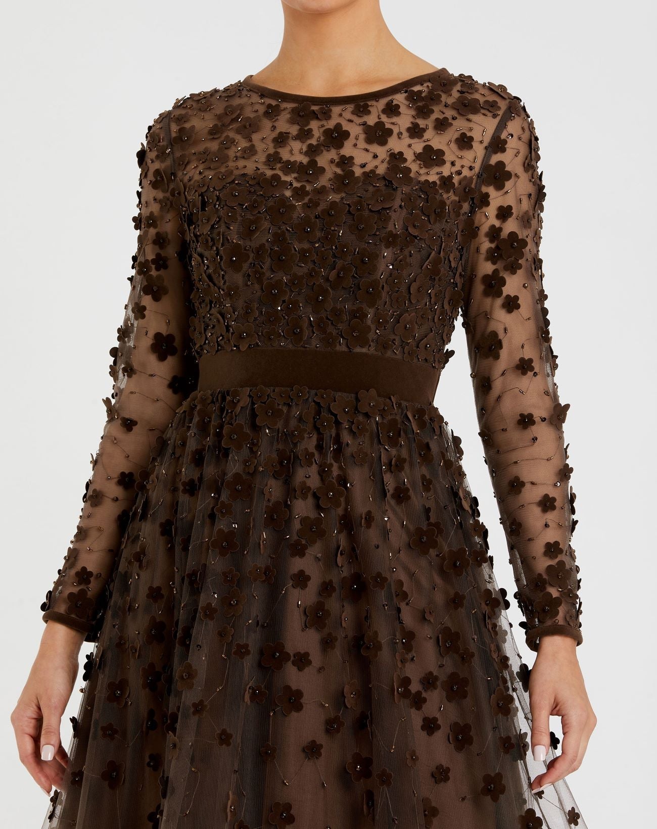 Brown Velvet Embellished Illusion Long Sleeve A-Line Midi Dress
