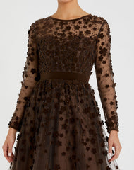 Brown Velvet Embellished Illusion Long Sleeve A-Line Midi Dress