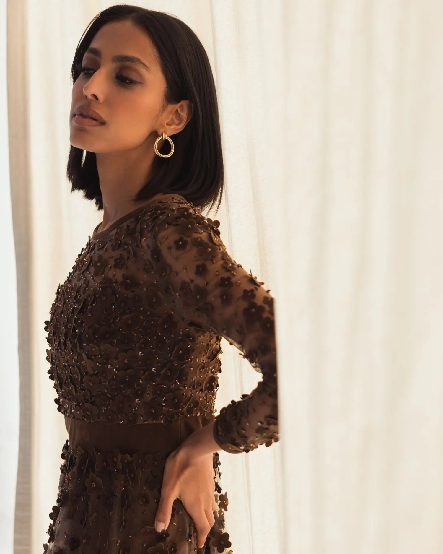 Brown Velvet Embellished Illusion Long Sleeve A-Line Midi Dress