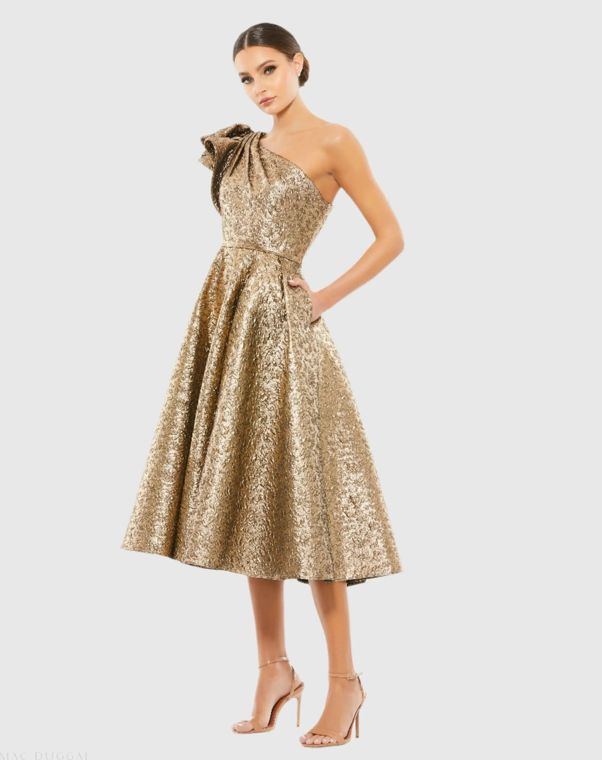 Gold One Shoulder Bow Midi Dress With Pockets