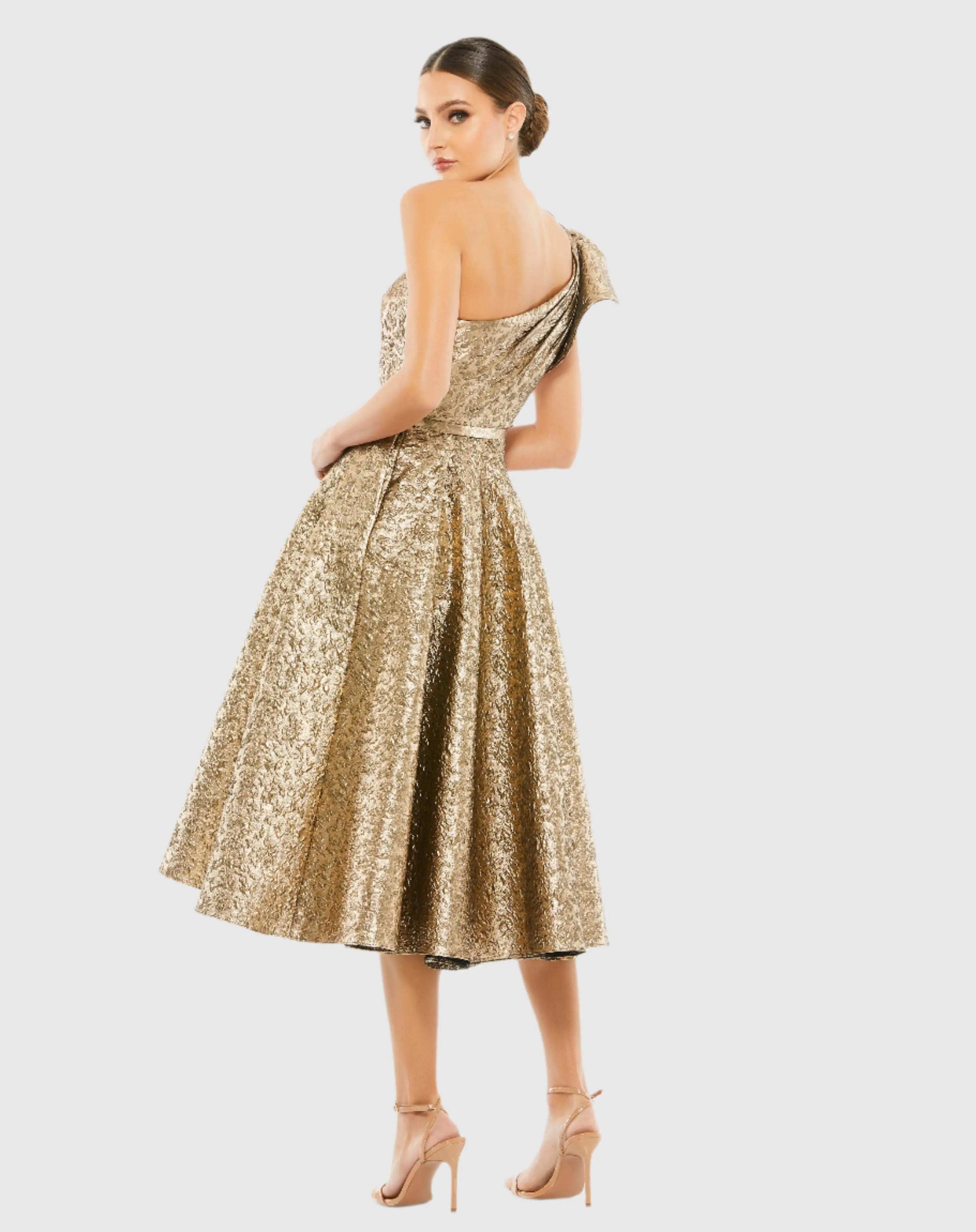 Gold One Shoulder Bow Midi Dress With Pockets