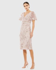 Pink Embellished Illusion Butterfly Sleeve Cocktail Dress
