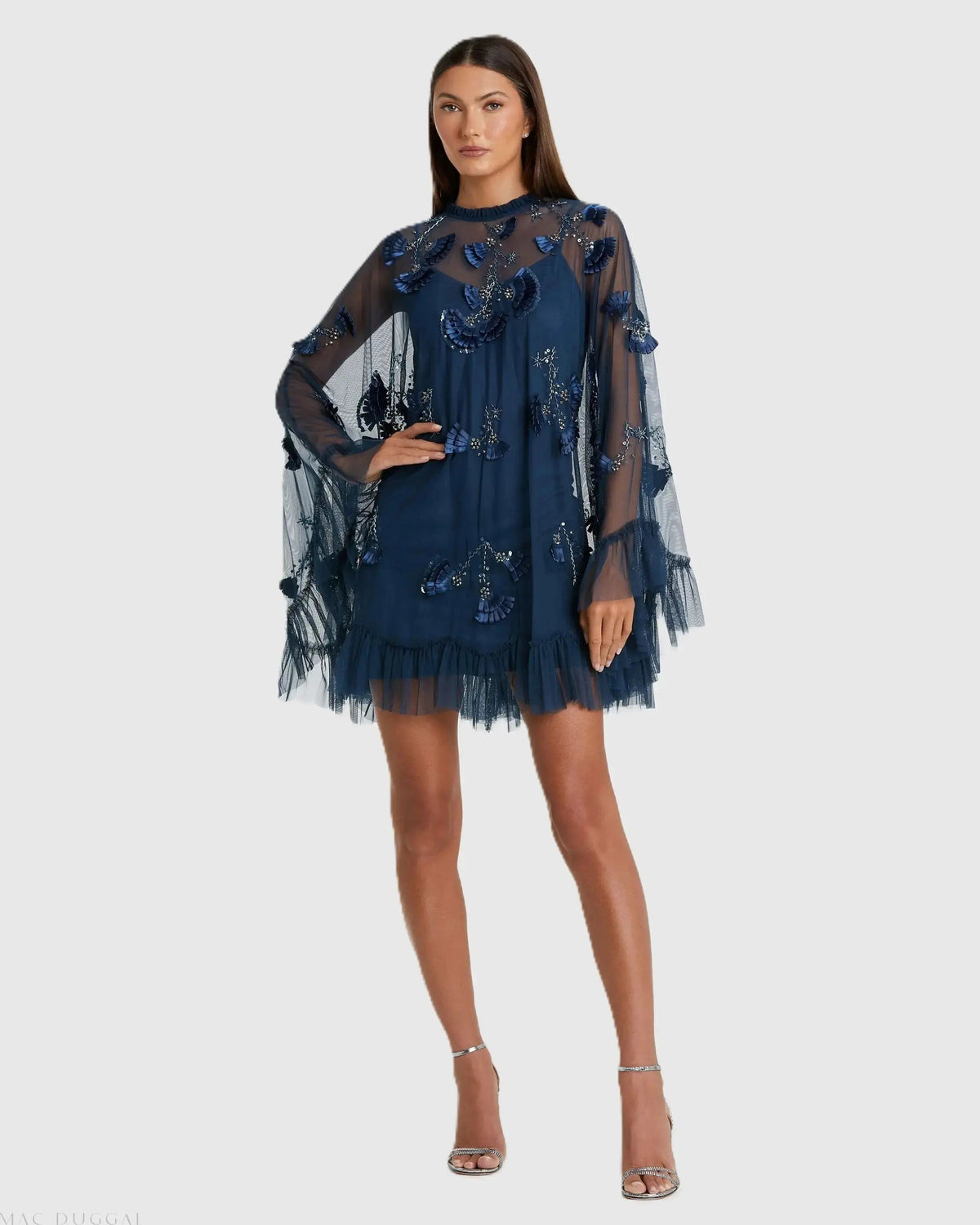 Navy Embellished Long Sleeve Trapeze Dress with Ruffle Hem