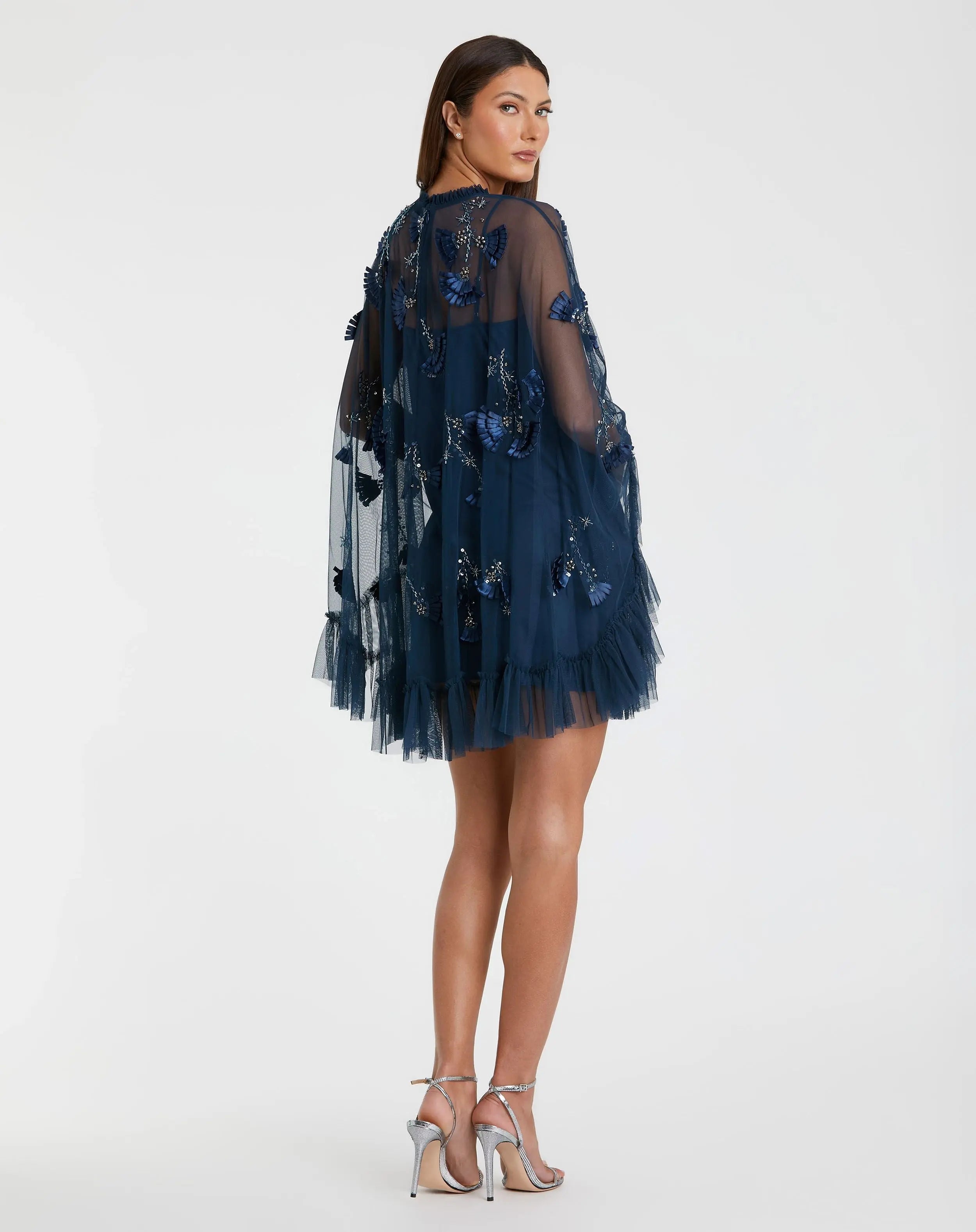 Navy Embellished Long Sleeve Trapeze Dress with Ruffle Hem