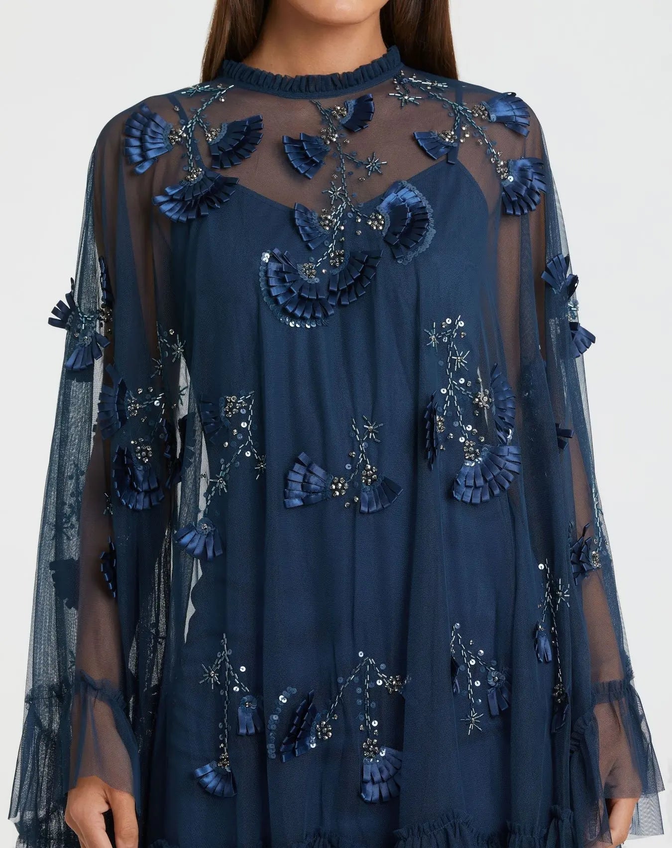 Navy Embellished Long Sleeve Trapeze Dress with Ruffle Hem