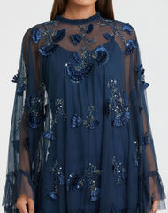 Navy Embellished Long Sleeve Trapeze Dress with Ruffle Hem