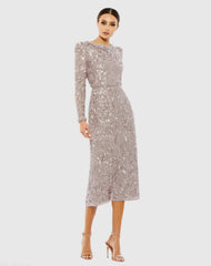 Light Purple Embellished High Neck Puff Sleeve Midi Sheath Dress