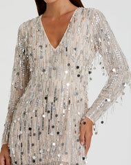 Silver Long Sleeve Beaded Fringe Plunge Neck Dress